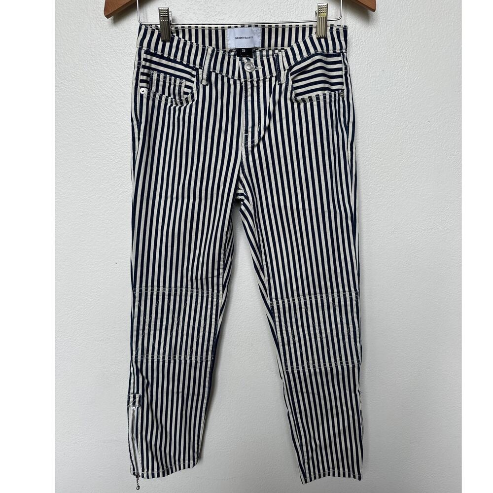 Current/Elliott The Cropped Lexton Striped Straight Jeans Blue/White Women's 25